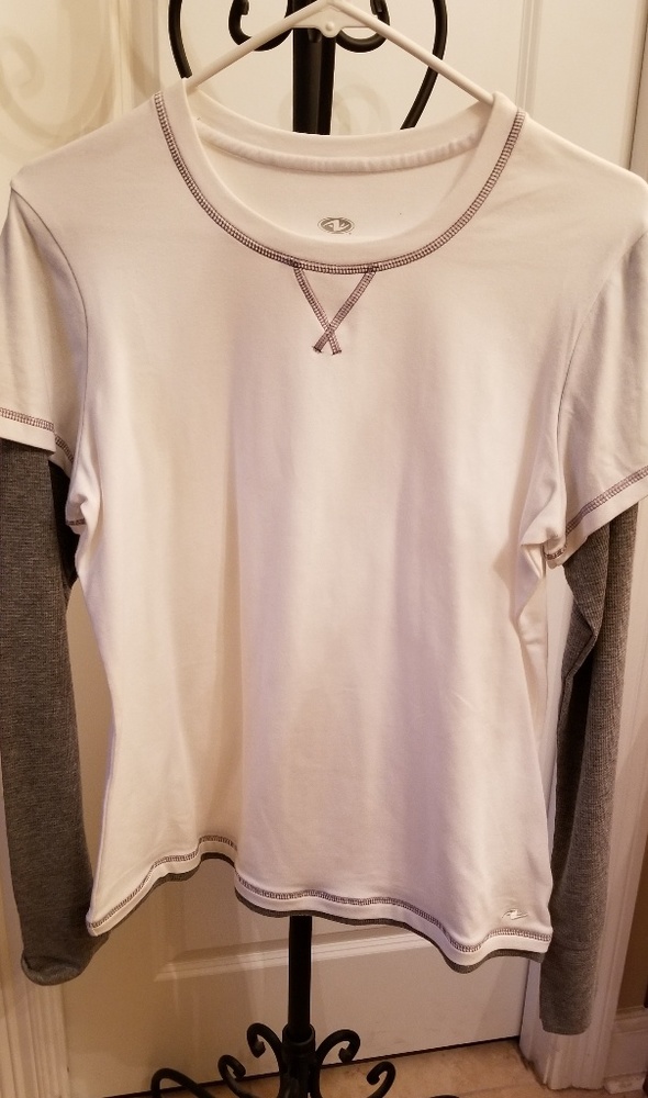 White and gray, round neck t-shirt.